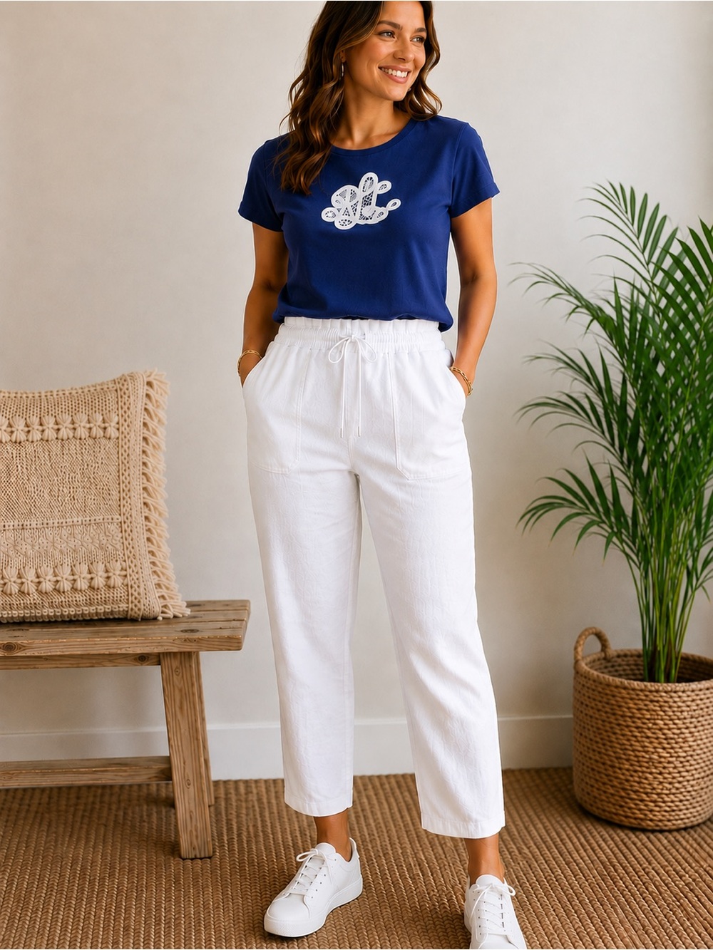 LAUREN RALPH LAUREN Outfit White Linen Pull-On Pants w/ Monogram T-Shirt 14/XL